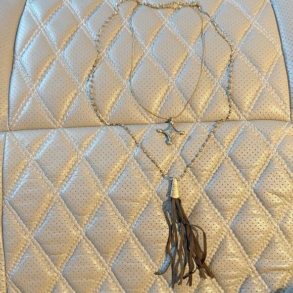 Free People 2 strand Long Chain Necklace faux leather Tassel - Picture 2 of 4